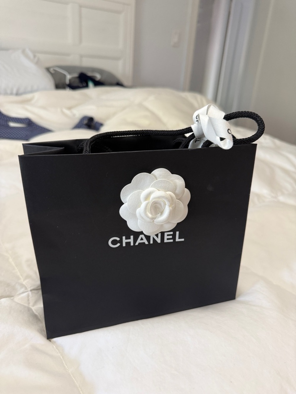 CHANEL Black Shopping Bag with White Camellia